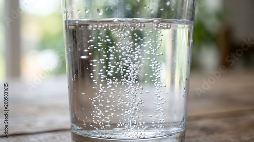 Close-up of refreshing mineral water with effervescent bubbles in a glass on a table