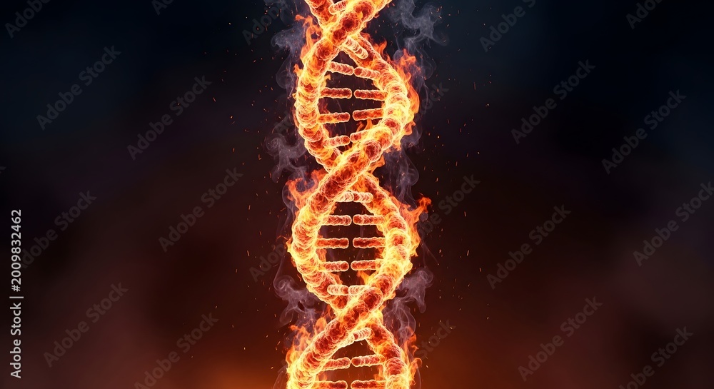 Obraz premium Fiery dna strand a symbolic representation of genetic code and life's building blocks