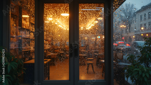Patterns of raindrops on glass. Rain reflections on shop doors. Ultra-realistic weather art. Captivating glass door raindrop designs.