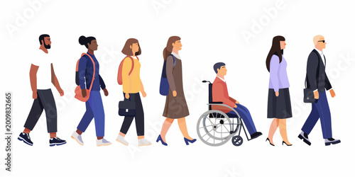 Foto Diverse group of professionals walking forward flat vector illustration on a whi