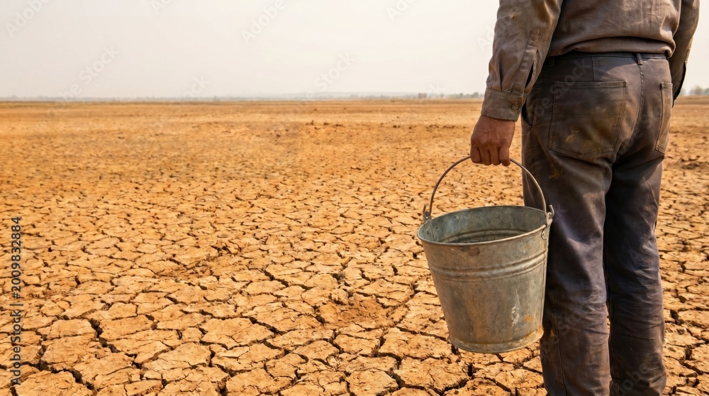 Naklejka premium Back view of a man holding an empty metal bucket standing on cracked dry soil in a vast desert landscape.