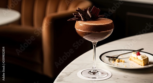 Elegant chocolate cocktail served on marble table with dessert plate