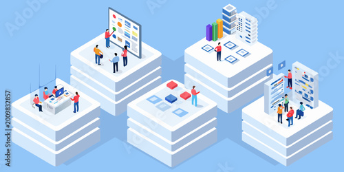 Isometric platforms with people working and analyzing data modern business illustration on blue background