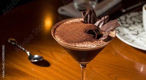 Elegant chocolate martini cocktail with cocoa powder and dark chocolate