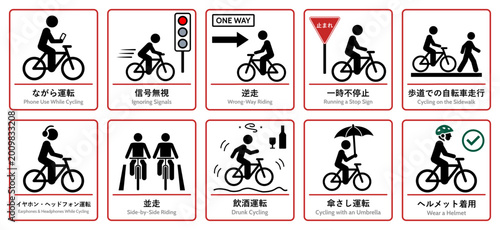 自転車の走行マナーと安全ルールに関する10種類のフラットデザインアイコンセット。ながら運転、飲酒運転、逆走、ヘルメット着用など一般的な自転車ルールに関連する項目のピクトグラム。