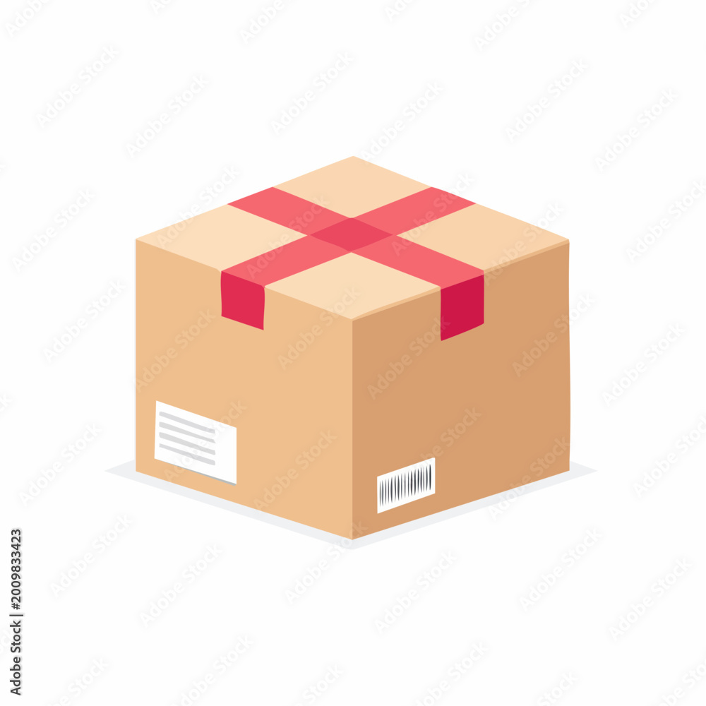 Fototapeta premium Cardboard box with red tape and barcode