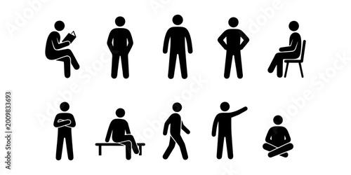 silhouette stickman icons of a person reading, standing, and sitting on a chair.