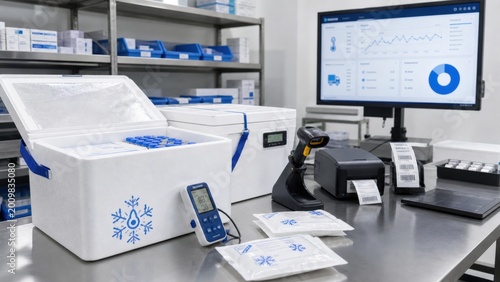 Medical supplies are organized in a laboratory with monitoring equipment and a packing station for temperature-sensitive products