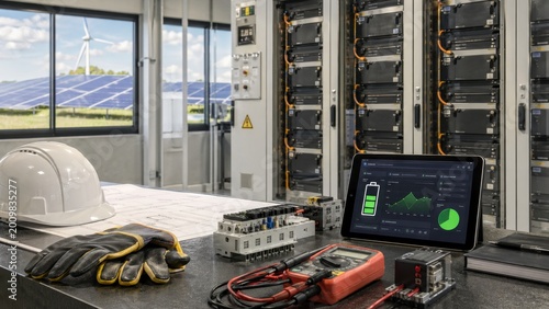 Workstation in renewable energy facility with solar panels and energy storage systems set up for monitoring and testing