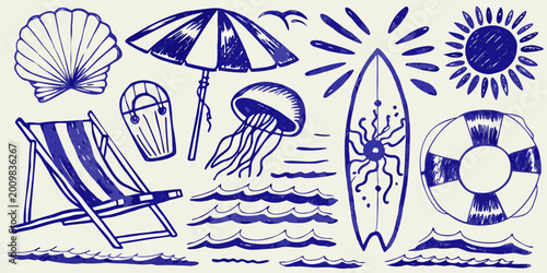 Foto Hand drawn beach themed illustrations including a seashell surfboard and beach c