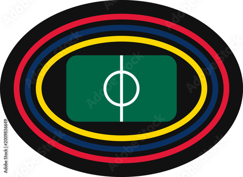 Minimalist top-down view of a sports stadium with green field and colorful athletic track illustration