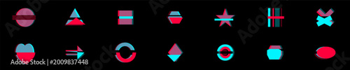 Futuristic cyberpunk geometric badges with halftone glitch effects in vibrant neon cyan and magenta illustration Free Download Futuristic cyberpunk geometric badges with halftone glitch effects in vibrant neon cyan and magenta illustration - GFXLoad
