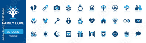 Domestic Family Love Solid Icon Set highlighting beating heart, warm embrace, loyal engagement, safe home, growing tree, and innocent child items for affection, parenting, and deep romance care.