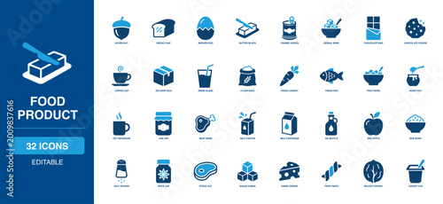 Photos Culinary Food Product Solid Icon Set mapping fresh baked bread, caught fish, bright fruit bowl, poured milk, hot coffee, and hard cheese variables for restaurant menu, grocery store, and diet