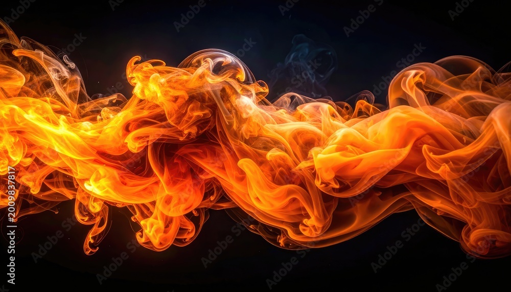 Fototapeta premium Fiery orange and yellow smoke swirls dramatically against a dark background, creating an intense and captivating visual.
