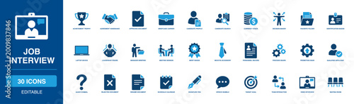 Photography Expert Job Interview Solid Icon Set displaying clear achievement trophy, agreement handshake, candidate profile, and formal resume document layouts for rigorous business hiring processes