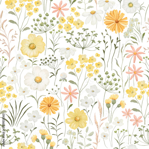 Watercolor floral seamless pattern with colorful sunshiny wildflowers and delicate green plants. Colored illustration for summer whimsy textile, fabric in rustic provence style or repeat background.