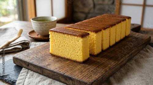 Delicious cake sits on wooden board with cup nearby indoors.