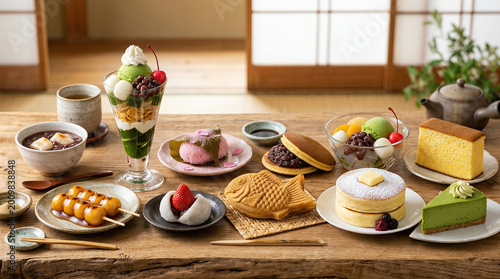 A variety of sweet and savory Japanese desserts are displayed on a wooden table in a traditional setting.