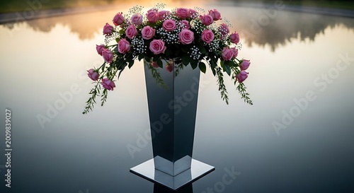 Elegant floral arrangement of pink roses in a modern reflective vase
