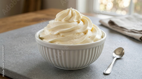 Delicious whipped cream dessert in a white bowl on a table indoors