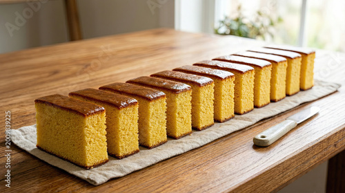 A row of cut orange sponge cakes with brown glaze on a wooden table indoors