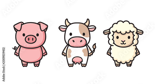 Quadro em tela Cute Cartoon Farm Animals Set including Pig Cow and Sheep