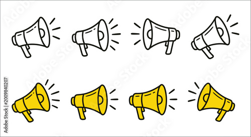 Fotografía megaphone icons hand drawn style yellow and black line art on white background
