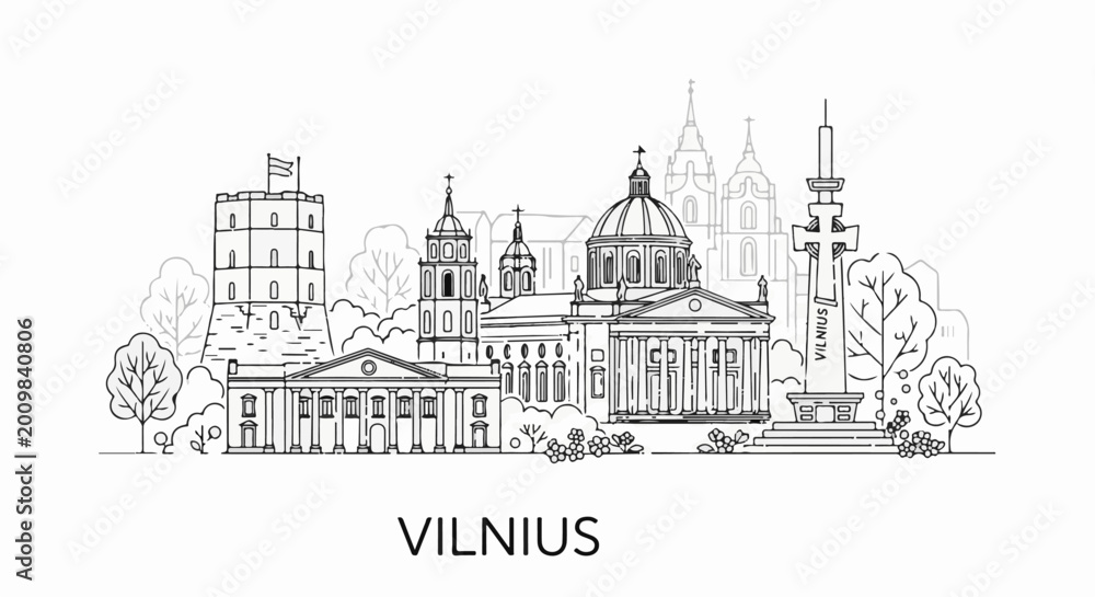 Fototapeta premium Stylized black and white line art of a cityscape with notable buildings