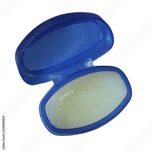 Open Blue Plastic Container with Petroleum Jelly Ointment Isolated