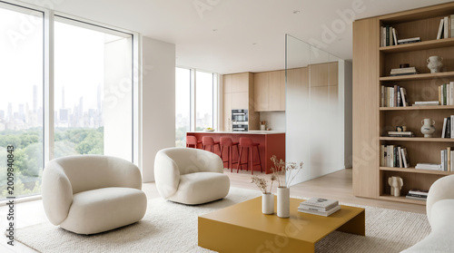 Luxury penthouse interior with city view red kitchen island and white armchairs for modern architectural mockup design