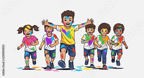 Six children, covered in bright paint splatters, joyfully run together in a line