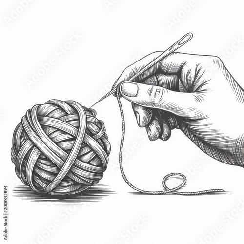 Artistic pencil sketch of a hand untangling a chaotic ball of yarn with a needle