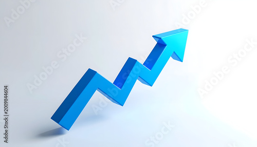 Blue 3D Arrow Graph Showing Upward Trend and Growth.