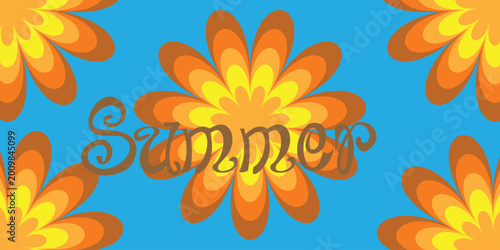 Retro Summer Floral Background with Colorful Psychedelic Flower Pattern for Promo ads design template.