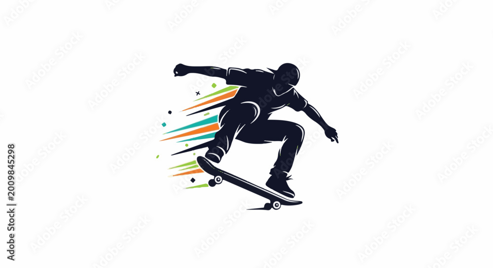 Fototapeta premium Silhouetted skateboarder mid-air with colorful motion lines