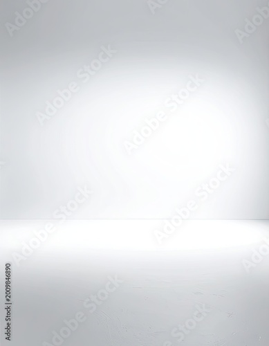 A minimalist studio backdrop features a gradient from light to dark gray, creating a spotlight effect.