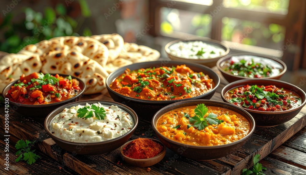 Obraz premium A vibrant and appetizing display of various Indian dishes, including curries, dips, and freshly baked naan bread, arranged on a rustic wooden table.
