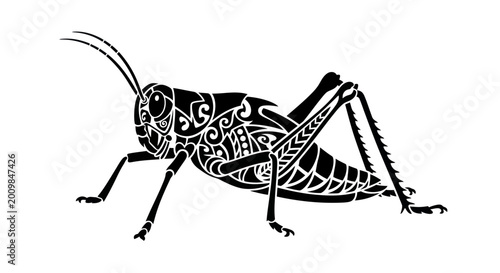 Konstfotografi Black grasshopper silhouette with intricate tribal patterns, isolated on white