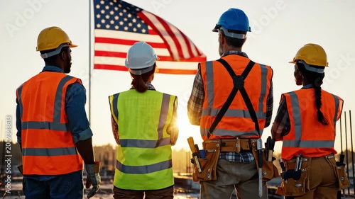 Construction workers view American flag at sunset on job site