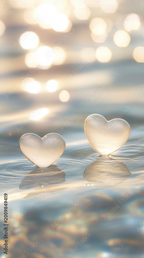 Fototapeta premium Glass heart shapes floating on shimmering water, reflecting warm sunlight and creating a serene, atmosphere and pure loving