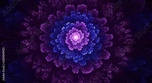 Abstract fractal mandala illustration featuring a pink chrysanthemum bloom with purple floral petals and a nature-inspired pattern for an artistic spring garden design
