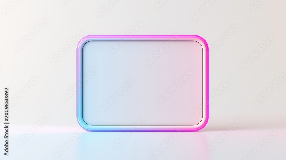 Fototapeta premium Blank square frame with smooth rounded edges, glowing neon gradient outline presenting copy for content space digital