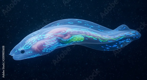 A luminous blue jellyfish drifts gracefully through the deep marine abyss of a dark sea aquarium, creating an abstract art of light and nature in the underwater ocean space