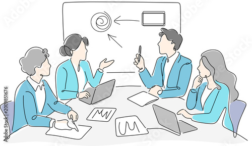 Tableau sur toile 室内でビジネスミーティングしているおしゃれな青を基調としたカラーリングの一筆書き風イラスト
