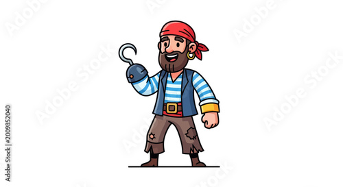 Foto Cartoon Pirate with Hook Hand and Bandana - Vector Illustration