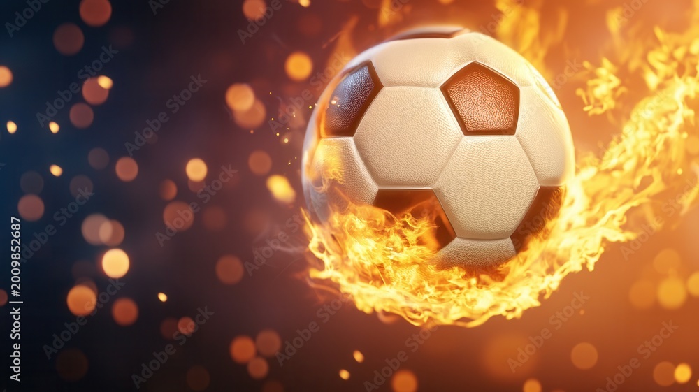 Naklejka premium Soccer ball burning with fiery energy and intense speed, representing passion, power, in competition sport