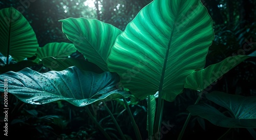 Bright morning sun highlights the natural green texture and pattern of a leaf forest background with a blur of light and color design