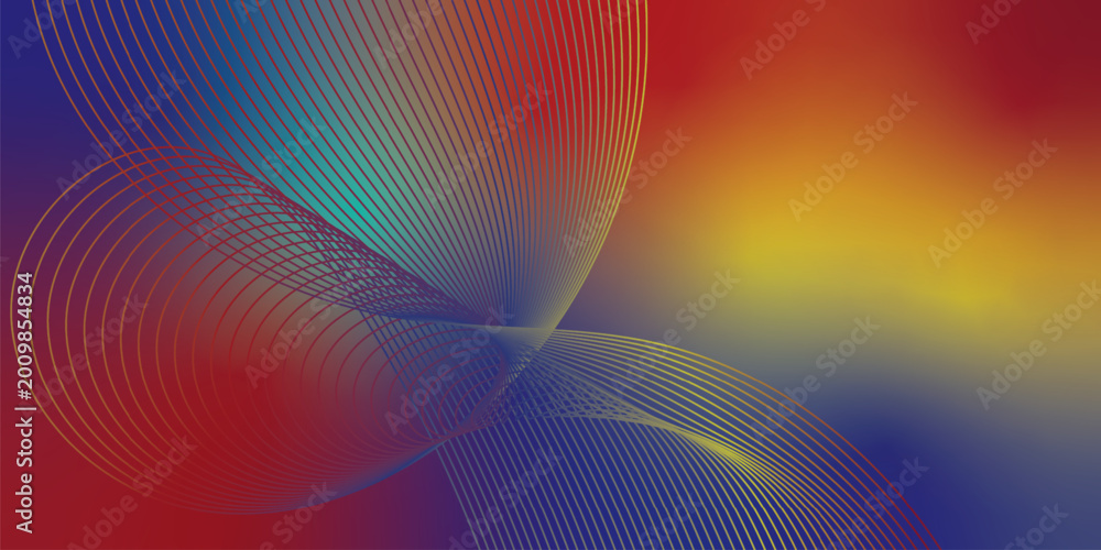 Fototapeta premium Abstract yellow, red, azure and navy blue wave lines vector background with modern digital technology style and smooth gradient pattern