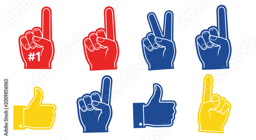 Set of Hand Gestures and Foam Fingers: Thumbs Up, Peace Sign, Number One